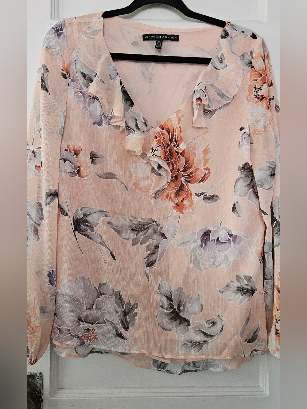 Floral Ruffle V-Neck Blouse - Peach Pink - Picture 3 of 8